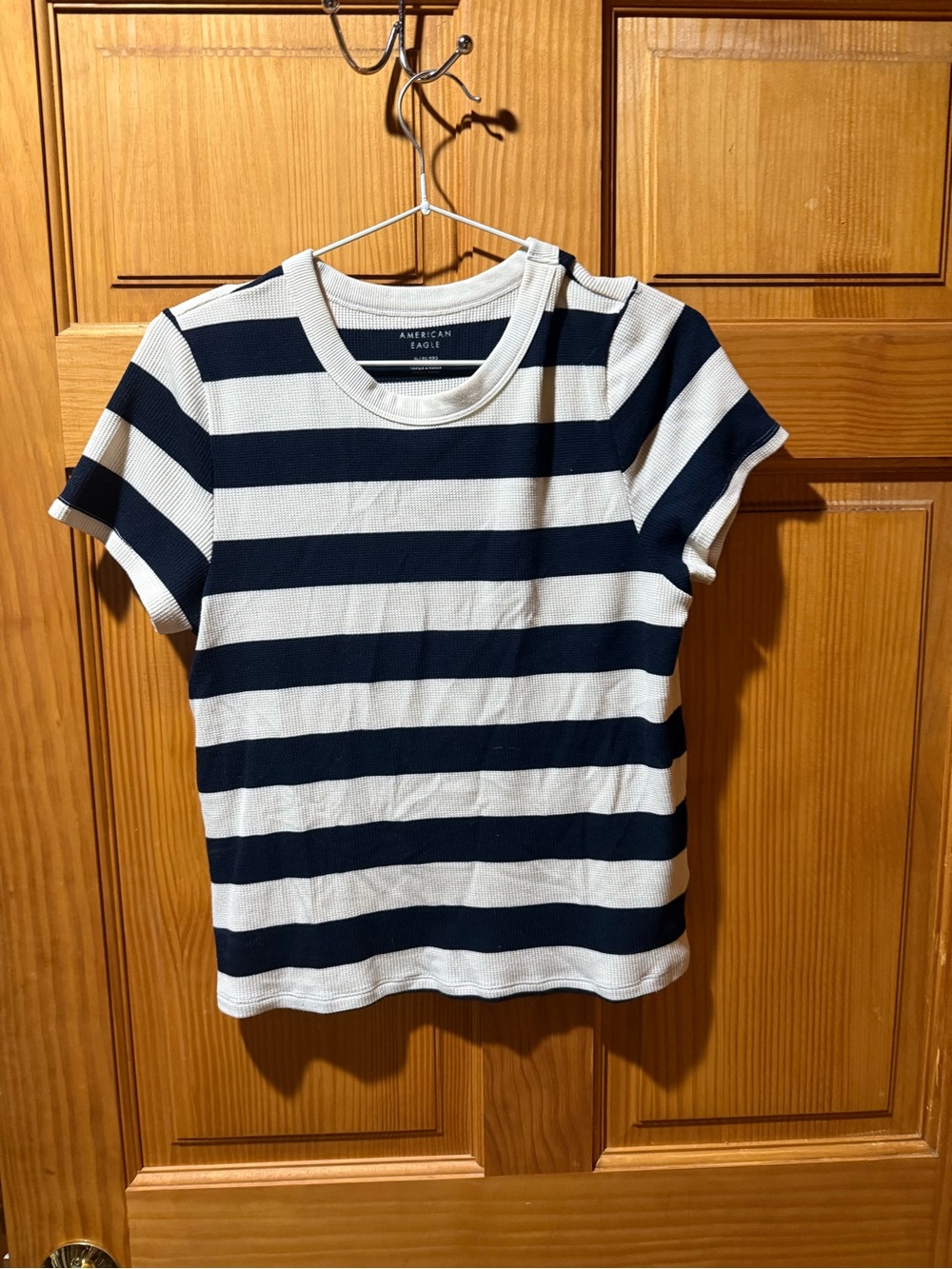 American Eagle Outfitters Navy and White Striped Short Sleeve crop top